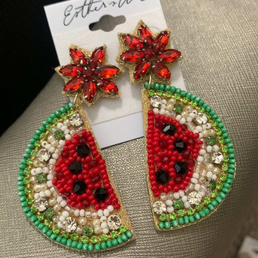 Beaded Watermelon Rhinestone Felt Back Earrings
